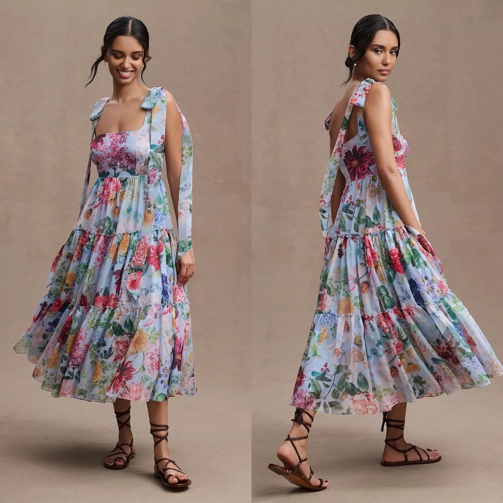 NWT Anthropologie BHLDN Isabella Floral Tiered Square-Neck A-Line Midi Dress